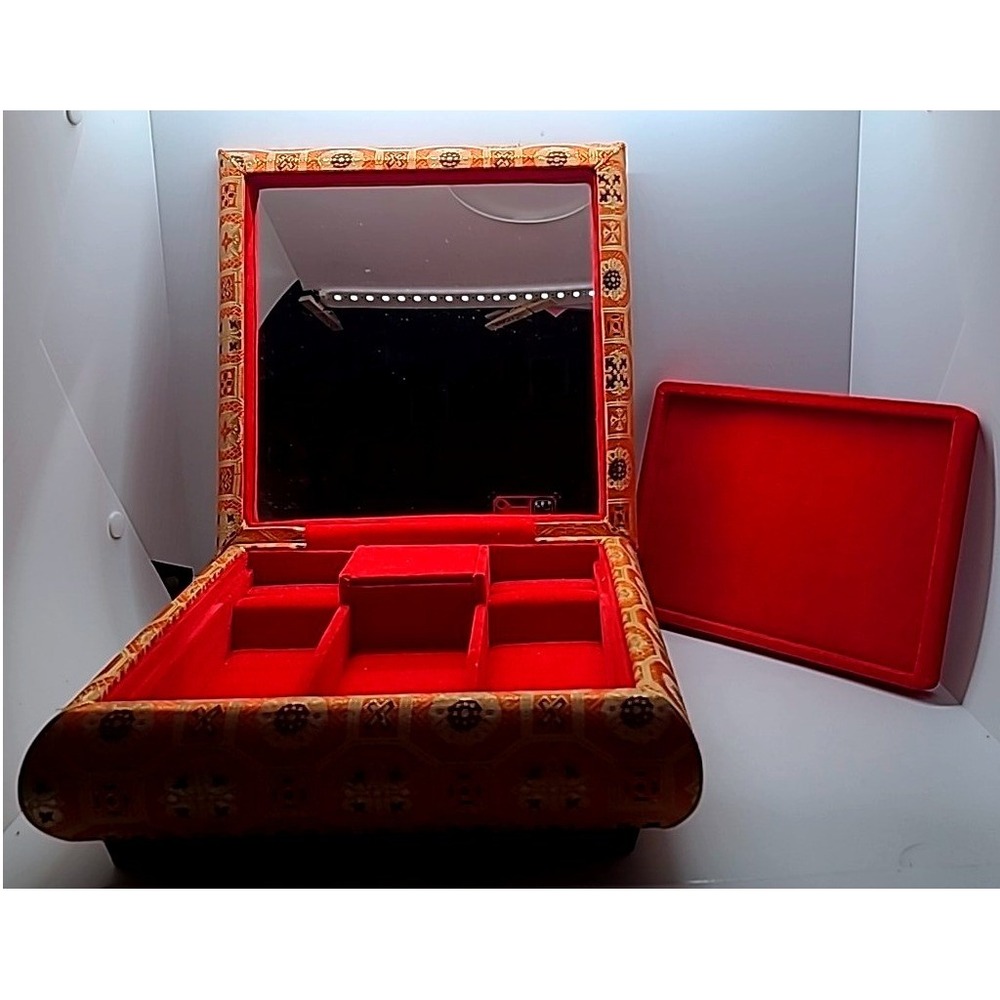 Vintage Japanese Musical Jewelry Box Orange Gold Brocade  Mirror Tray Velvet